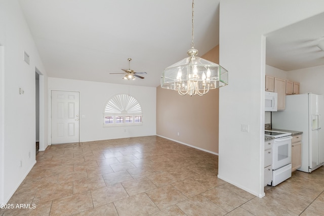 6942 S Championship Dr, Chandler, AZ 85249 - kitchen featuring white appliances, a chandelier, a ceiling fan, hanging light fixtures, and vaulted ceiling