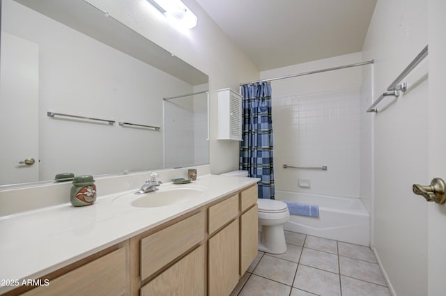 full bath with toilet, tile patterned flooring, vanity, shower / bath combination with curtain, and baseboards