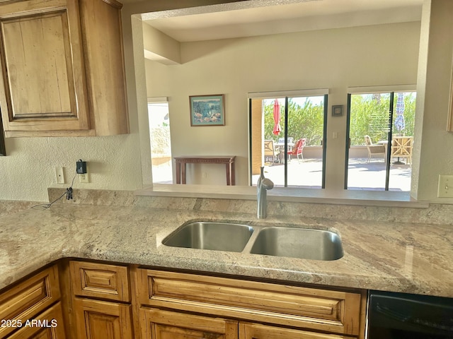 kitchen featuring light stone countertops, black dishwasher, and sink