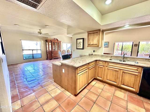 kitchen featuring kitchen peninsula, dishwasher, a healthy amount of sunlight, and sink