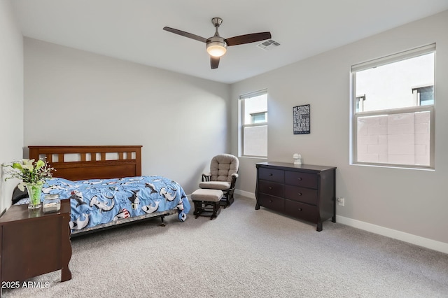 bedroom featuring visible vents, ceiling fan, baseboards, and carpet