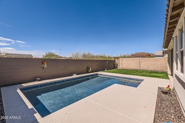 view of swimming pool featuring a fenced in pool, a fenced backyard, and a patio area