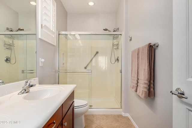 full bath featuring toilet, tile patterned flooring, vanity, a shower stall, and recessed lighting