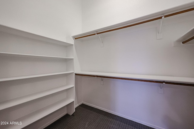 walk in closet featuring dark carpet