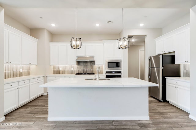 kitchen featuring light wood-type flooring, stainless steel appliances, a kitchen island with sink, and sink