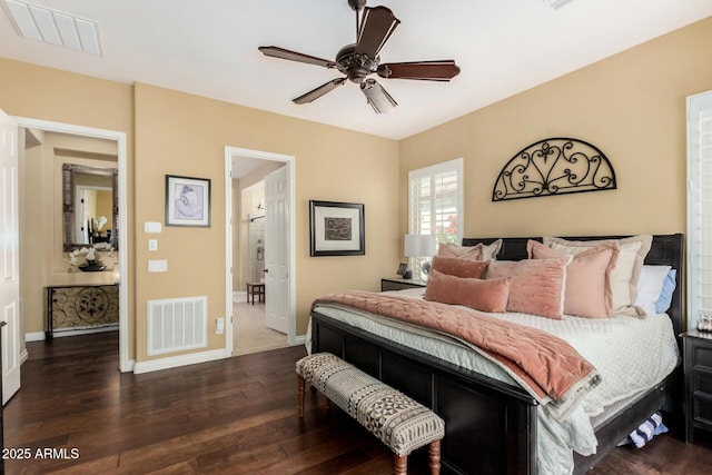 bedroom featuring ceiling fan and dark hardwood / wood-style flooring