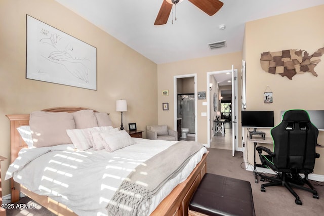 bedroom with ceiling fan and carpet floors