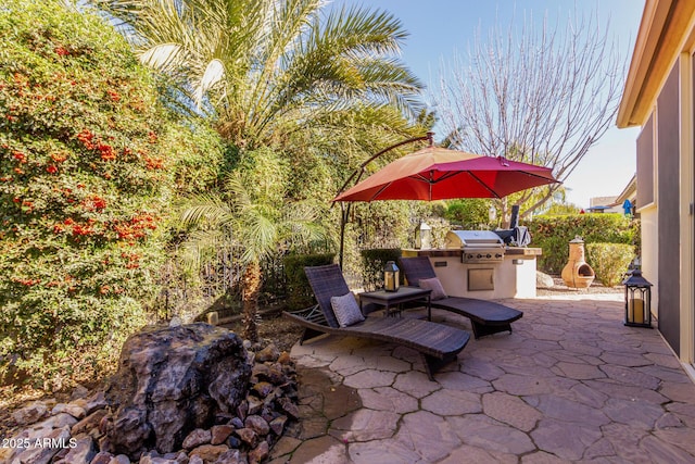 view of patio with a grill, an outdoor fireplace, and an outdoor kitchen