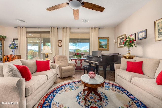 living room featuring ceiling fan