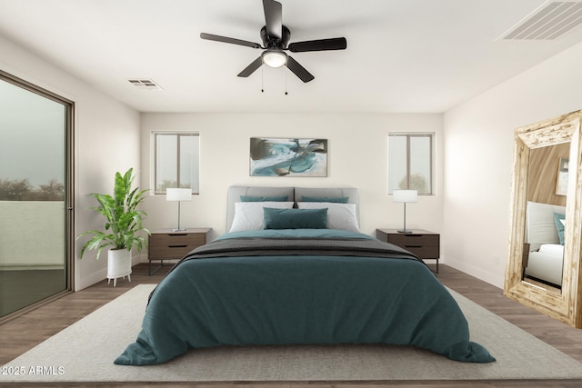 bedroom featuring wood-type flooring and ceiling fan
