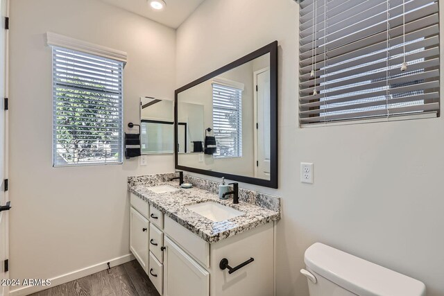 bathroom with toilet, hardwood / wood-style floors, and vanity