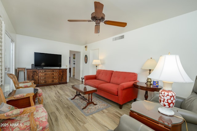 15430 N Bowling Green Dr, Sun City, AZ 85351 - living room featuring ceiling fan, visible vents, and wood finished floors