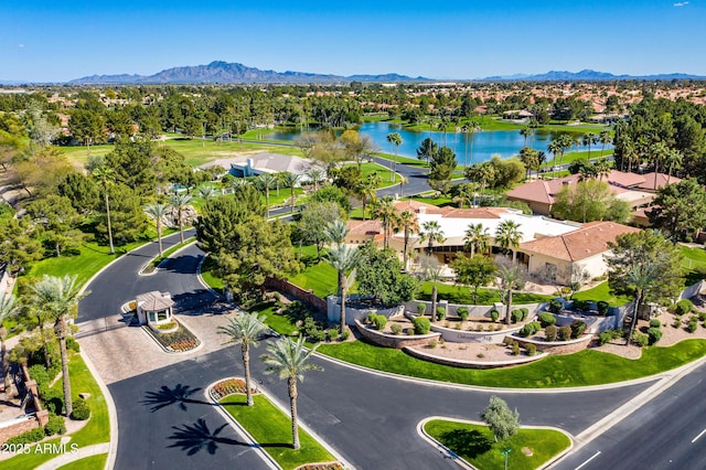 aerial view with a water and mountain view