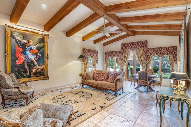 living room with ceiling fan and vaulted ceiling with beams