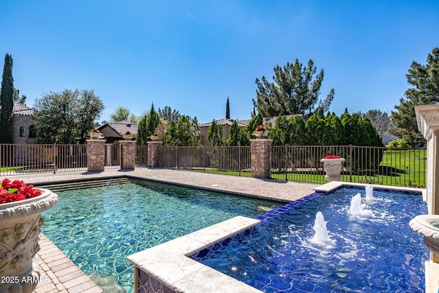 view of swimming pool featuring pool water feature