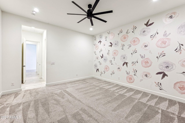 unfurnished room featuring carpet floors, recessed lighting, ceiling fan, and baseboards