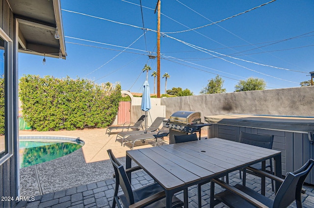 view of patio / terrace with a fenced in pool and grilling area