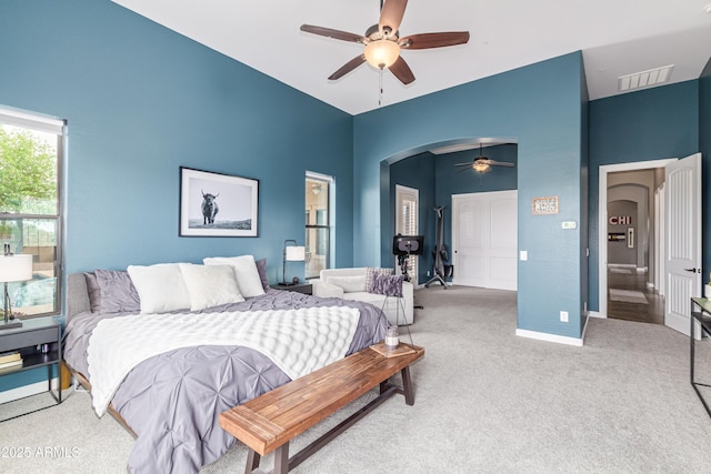 2255 N Hillridge, Mesa, AZ 85207 - carpeted bedroom featuring arched walkways, baseboards, a ceiling fan, and lofted ceiling