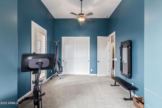 2255 N Hillridge, Mesa, AZ 85207 - workout area with a ceiling fan, carpet floors, a towering ceiling, and baseboards