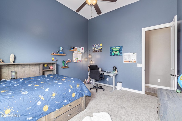 2255 N Hillridge, Mesa, AZ 85207 - carpeted bedroom with vaulted ceiling, baseboards, and a ceiling fan