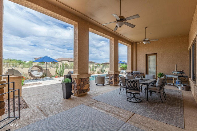 2255 N Hillridge, Mesa, AZ 85207 - fenced backyard featuring exterior kitchen, outdoor dining space, a patio, and ceiling fan
