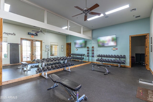 2255 N Hillridge, Mesa, AZ 85207 - exercise room with ceiling fan, a towering ceiling, baseboards, and french doors