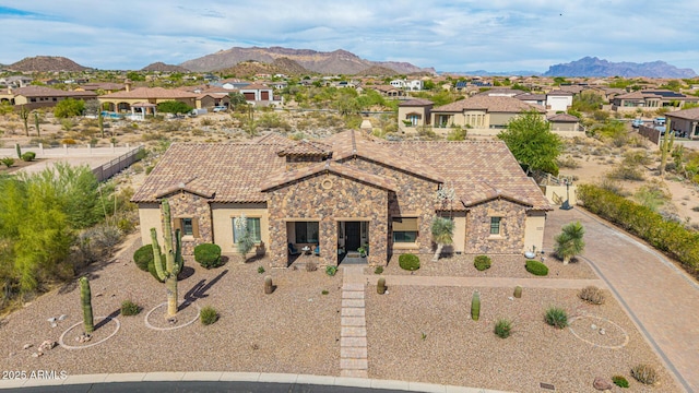 2255 N Hillridge, Mesa, AZ 85207 - view of front of home featuring stone siding, a residential view, a tile roof, and a mountain view