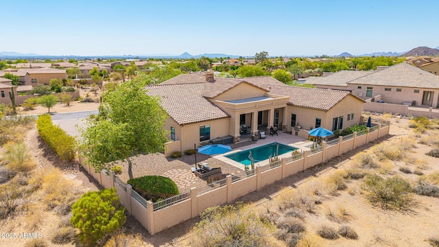 2255 N Hillridge, Mesa, AZ 85207 - view of swimming pool with a fenced backyard, a residential view, a patio, and a mountain view