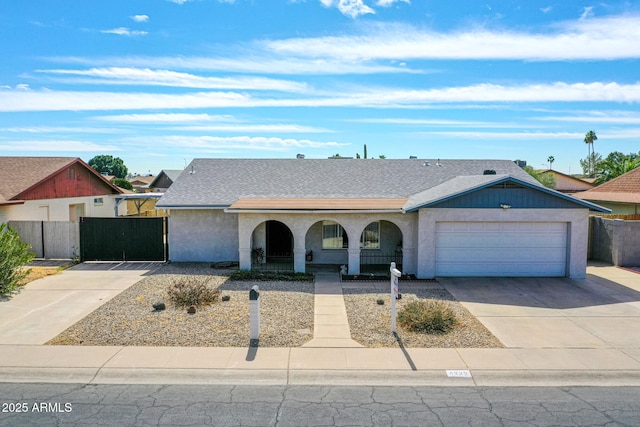 view of front of home with driveway, roof with shingles, an attached garage, fence, and stucco siding