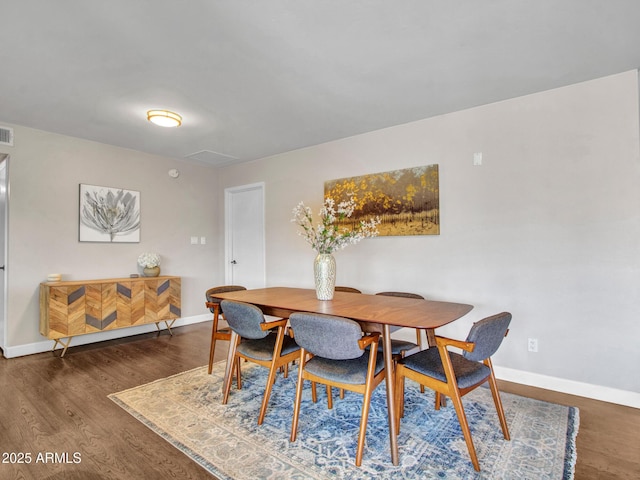 dining space with dark wood-style floors, baseboards, and visible vents