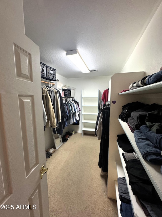 walk in closet with light colored carpet