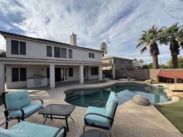 view of pool featuring a fenced in pool, area for grilling, a fenced backyard, a grill, and a patio area