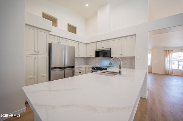 866 W Geronimo St, Chandler, AZ 85225 - kitchen featuring stainless steel appliances, a sink, a peninsula, light stone countertops, and light wood finished floors