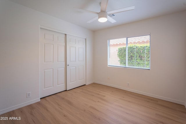 866 W Geronimo St, Chandler, AZ 85225 - unfurnished bedroom with light wood finished floors, baseboards, a closet, and ceiling fan