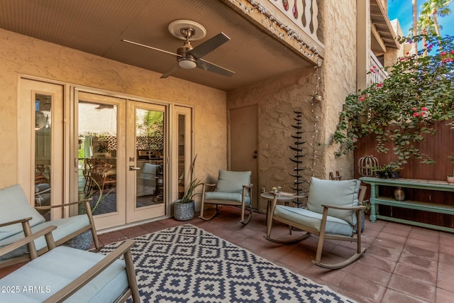 view of patio / terrace with ceiling fan and french doors