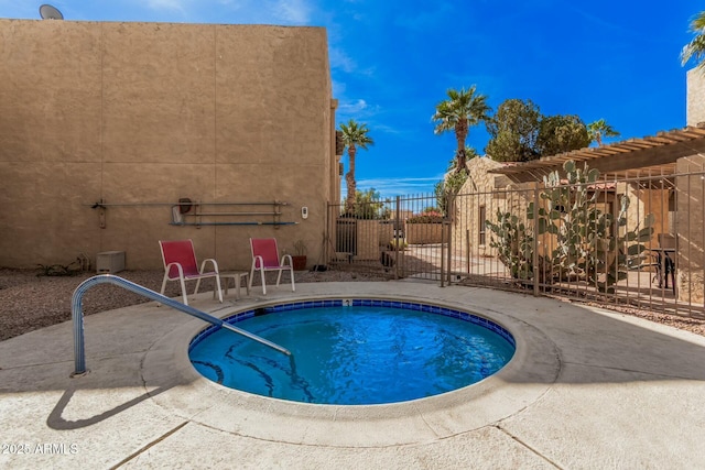 view of swimming pool featuring a patio area, fence, and a pergola