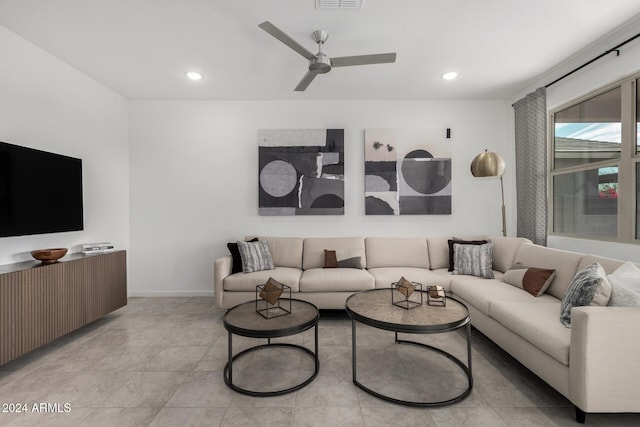 living room featuring ceiling fan