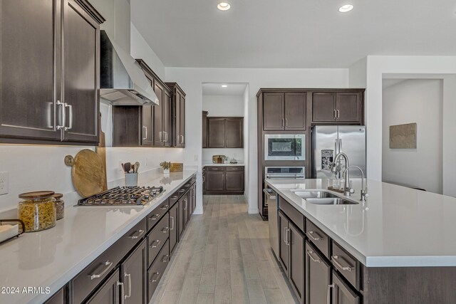 kitchen with sink, stainless steel appliances, dark brown cabinets, wall chimney range hood, and light hardwood / wood-style flooring