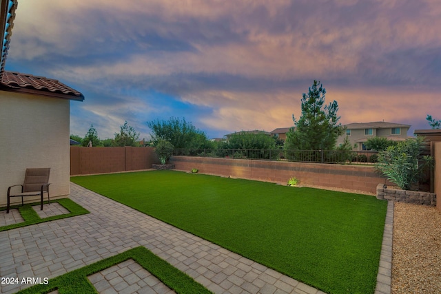 yard at dusk featuring a patio area