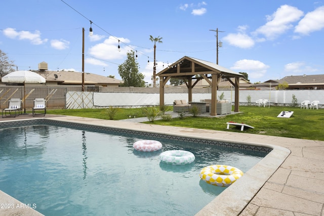 view of pool with a gazebo and a lawn