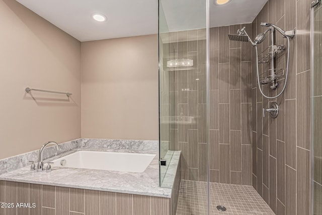 4805 N Woodmere Fairway Unit 1002, Scottsdale, AZ 85251 - bathroom with a bath, tiled shower, and recessed lighting