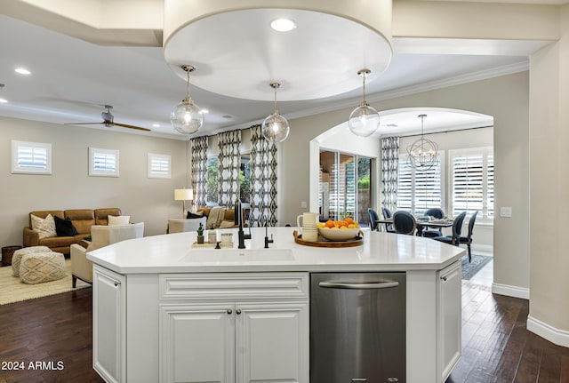 kitchen with sink, white cabinetry, a kitchen island with sink, and dark wood-type flooring