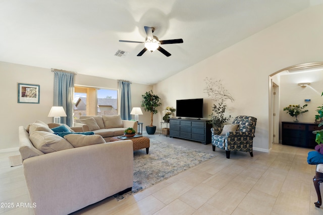 living room with lofted ceiling and ceiling fan