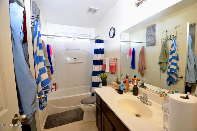 full bathroom with tile patterned flooring, vanity, shower / tub combo with curtain, and toilet