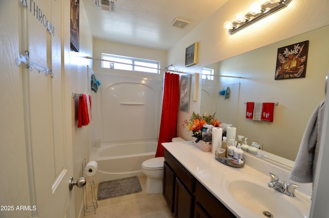 full bathroom with vanity, shower / bath combination with curtain, and toilet