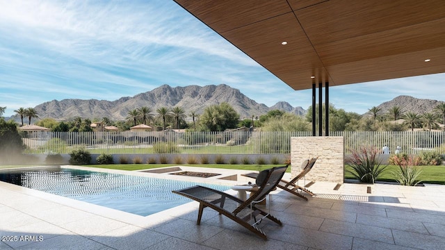 9790 N 56th St, Paradise Valley, AZ 85253 - view of swimming pool featuring a patio, a fenced backyard, and a mountain view