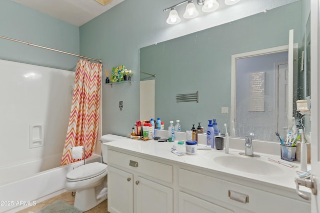 full bathroom featuring shower / tub combo with curtain, vanity, toilet, and tile patterned flooring