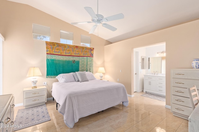 bedroom with lofted ceiling, ensuite bathroom, and ceiling fan