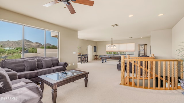 8540 E Mcdowell Rd Unit 116, Mesa, AZ 85207 - living area featuring a mountain view, carpet flooring, billiards table, ceiling fan, and recessed lighting
