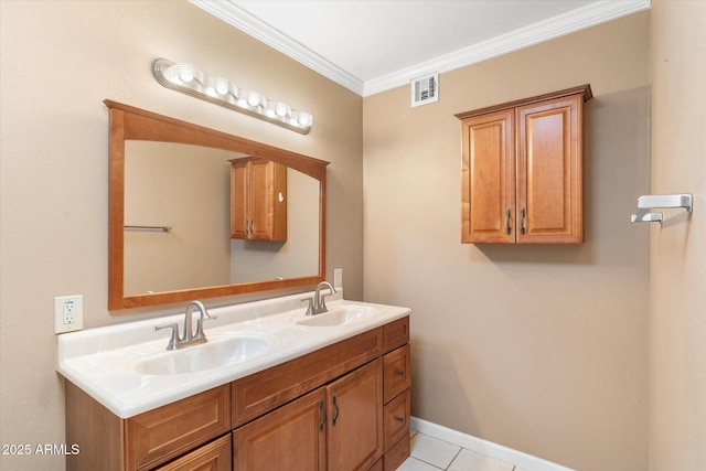 bathroom featuring tile patterned flooring, ornamental molding, and vanity